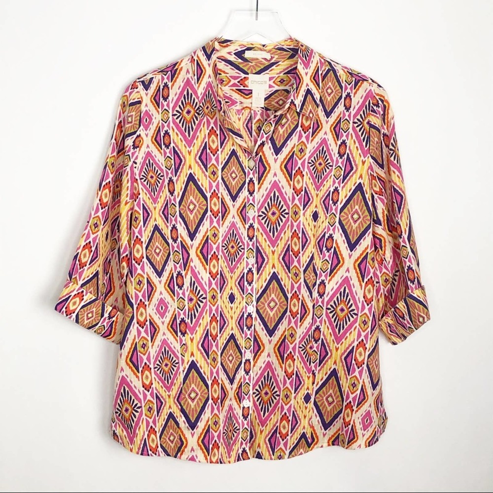 New Chico's Effortless Linen Button Back Shirt Medium